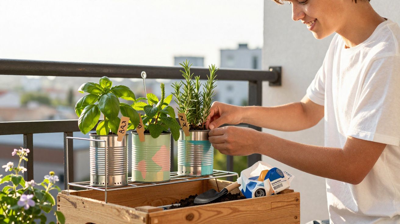 Enfant prenant soin de plantes aromatiques en pots sur un balcon ensoleillé avec sourire.