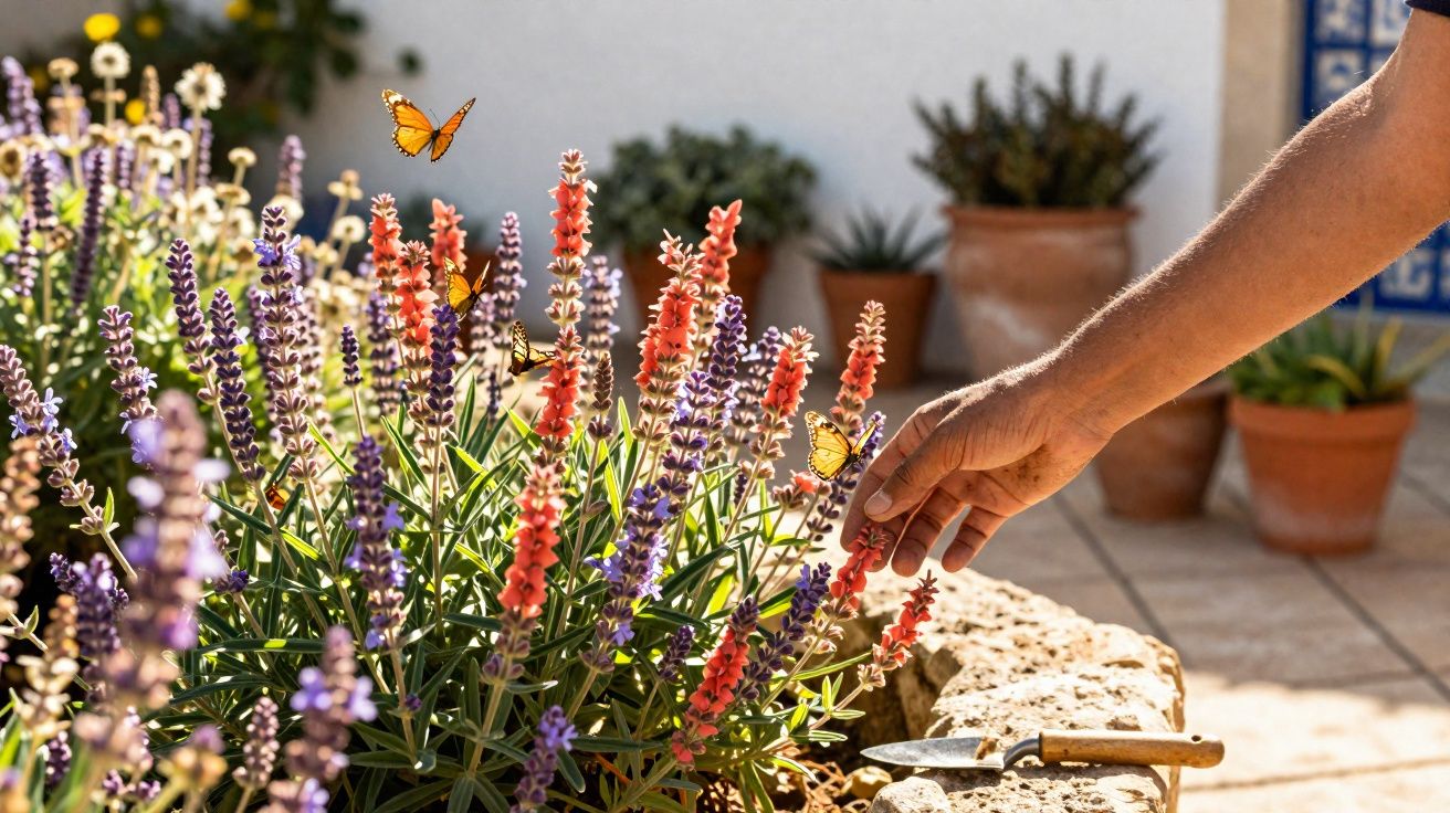 Main effleurant des fleurs colorées avec des papillons dans un jardin ensoleillé avec pots en terre cuite.