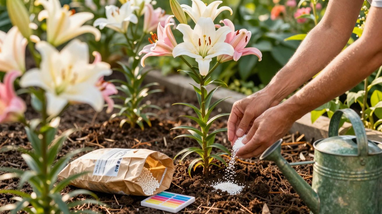 Semis d'engrais granulaire autour d'un lys blanc dans un jardin fleuri avec arrosoir et test de pH.