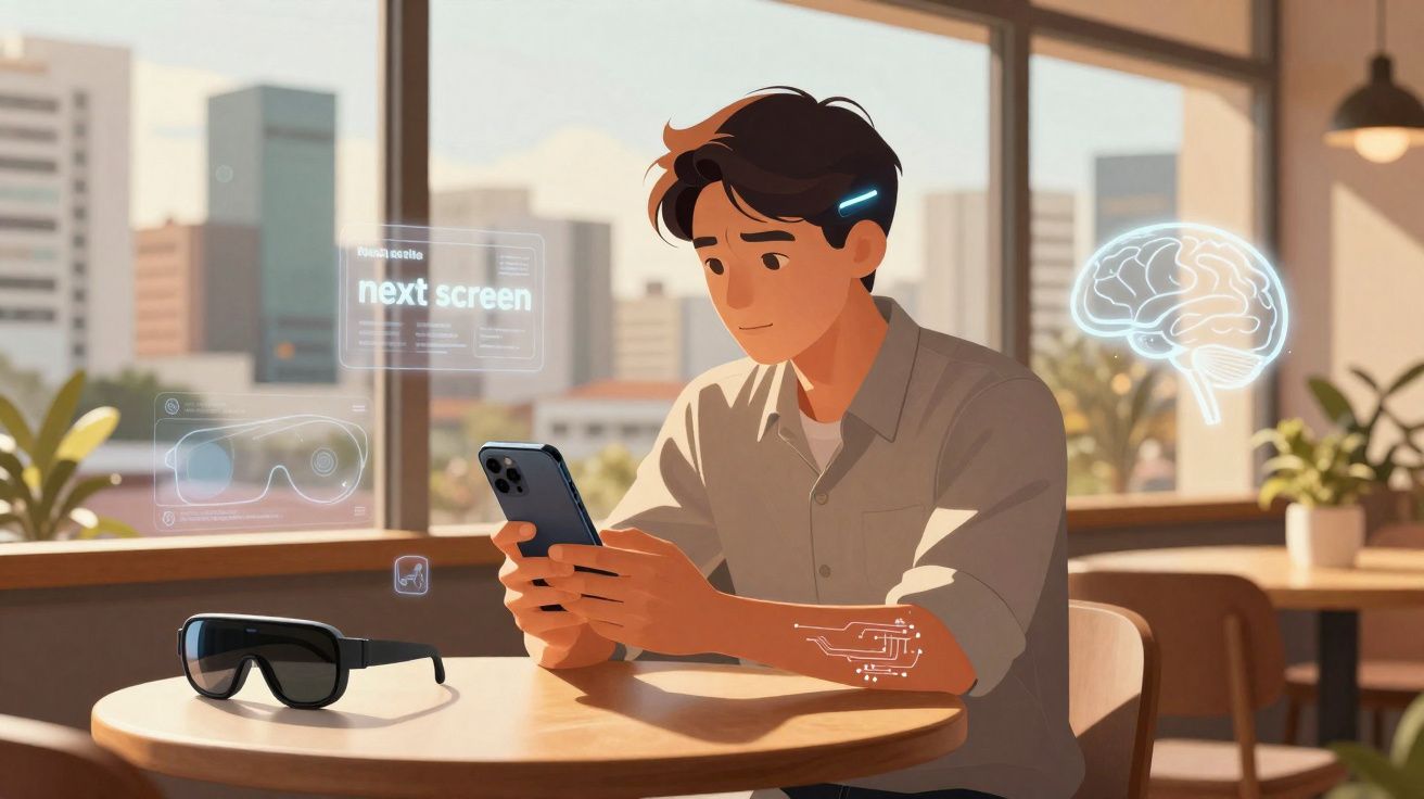 Jeune homme assis à une table, utilisant un smartphone avec des hologrammes technologiques autour de lui.