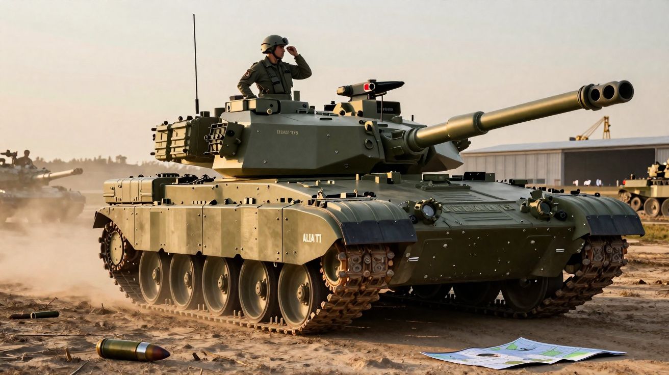 Char d'assaut vert avec un soldat debout sur le toit, sur un terrain poussiéreux au coucher du soleil.