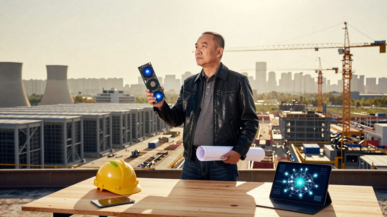 Homme tenant une carte graphique sur un chantier, casque de sécurité et ordinateur portable sur la table en bois.