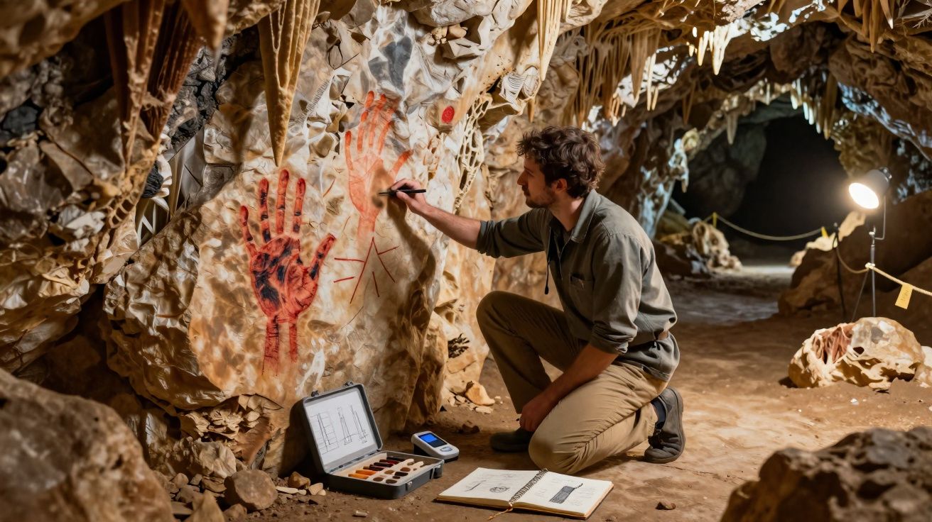 Homme dessinant des symboles préhistoriques sur la paroi d'une grotte éclairée par une lampe.