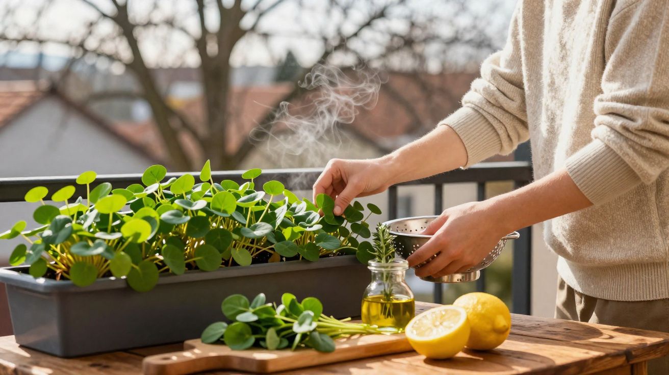 Personne récoltant des herbes aromatiques sur un balcon avec citron et huile d'olive sur une table en bois.
