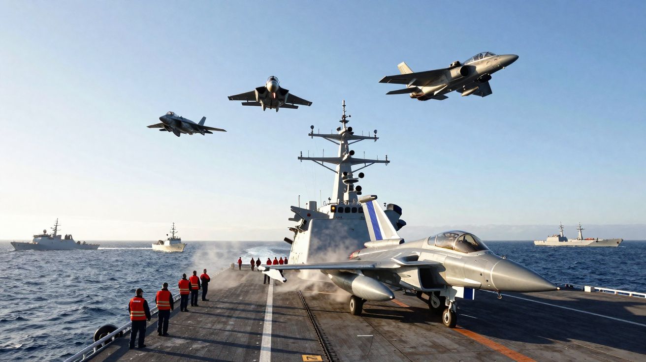 Quatre avions militaires en vol au-dessus d’un porte-avions avec un avion posé et plusieurs marins en gilet orange.