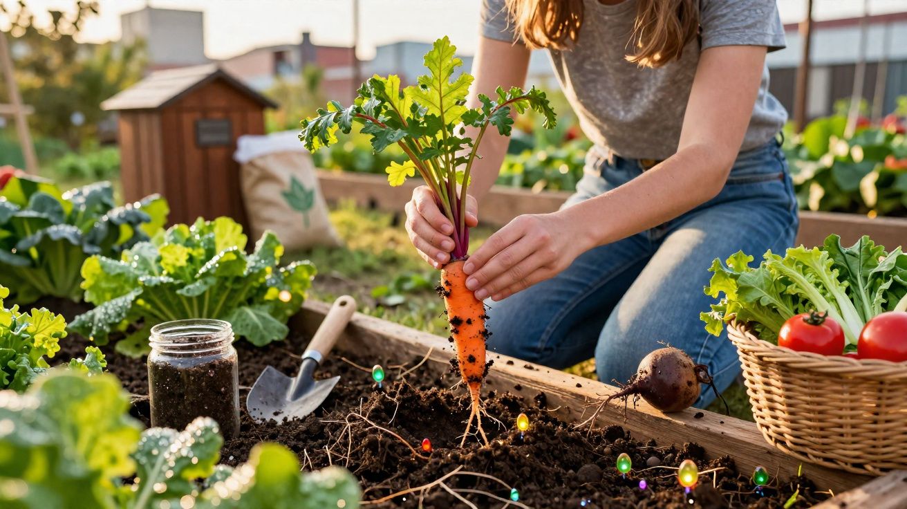 Personne récoltant une carotte dans un potager en pleine lumière du jour avec légumes et outils de jardinage.