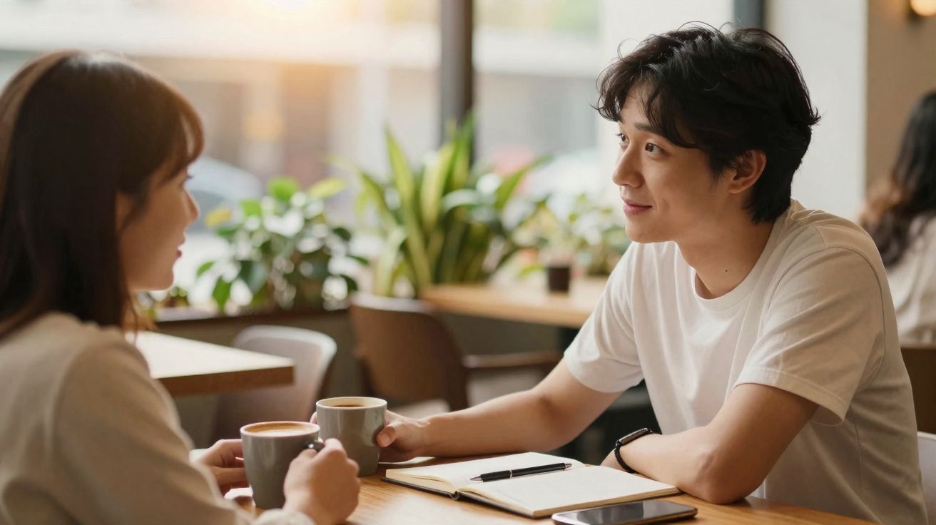 Deux personnes discutant autour de tasses de café dans un café lumineux avec des plantes en arrière-plan.