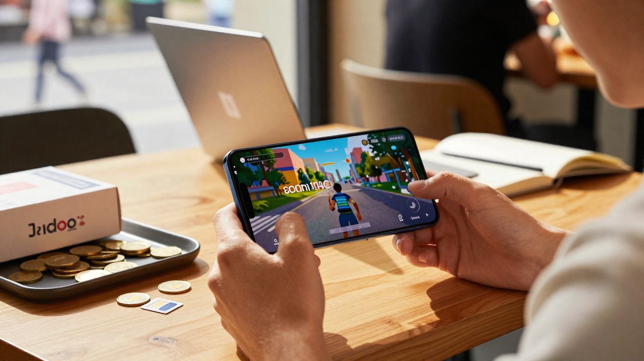 Personne jouant à un jeu vidéo sur smartphone, assise à une table avec ordinateur et monnaies.