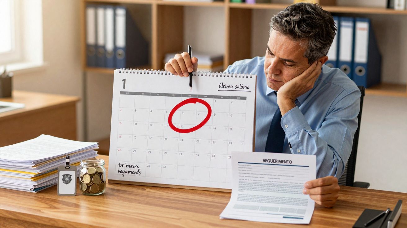 Homme au bureau montrant un calendrier avec une date cerclée en rouge, tenant un document intitulé "REQUERIMENTO".