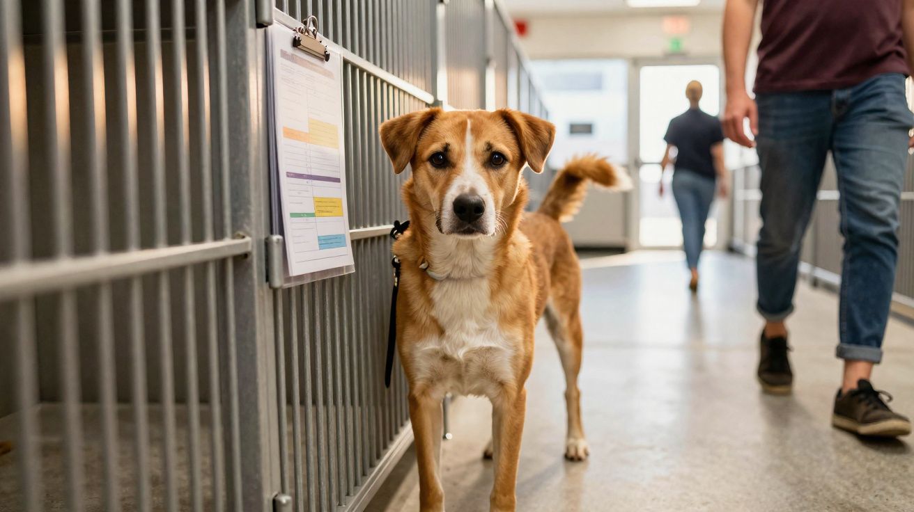 Chien marron et blanc en laisse dans un refuge animalier, des personnes en arrière-plan.