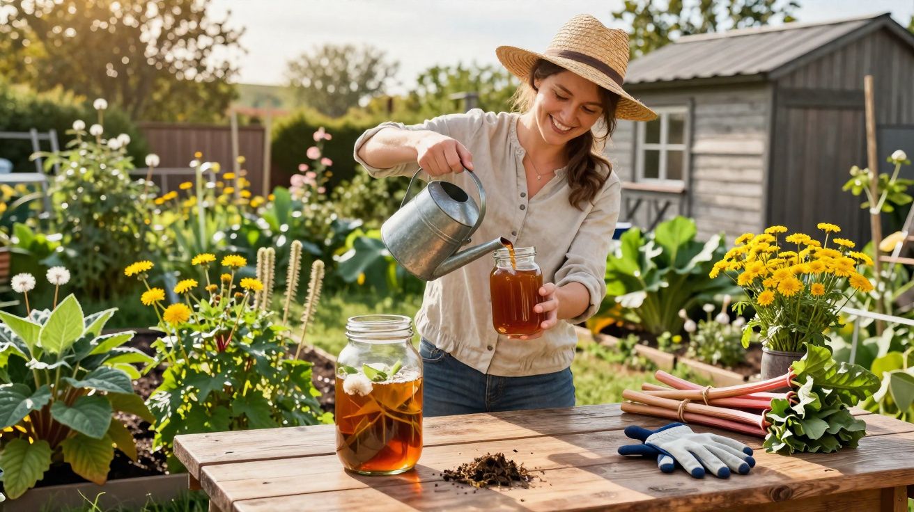Femme souriante versant un liquide d’arrosage dans un bocal au jardin avec des fleurs et serre en arrière-plan.
