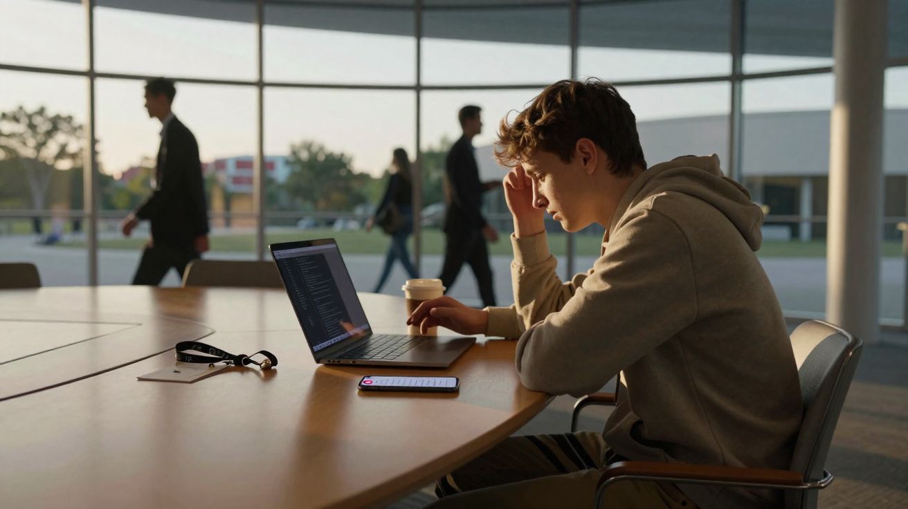 Jeune homme concentré travaillant sur un ordinateur portable dans une salle lumineuse avec des passants en arrière-plan.