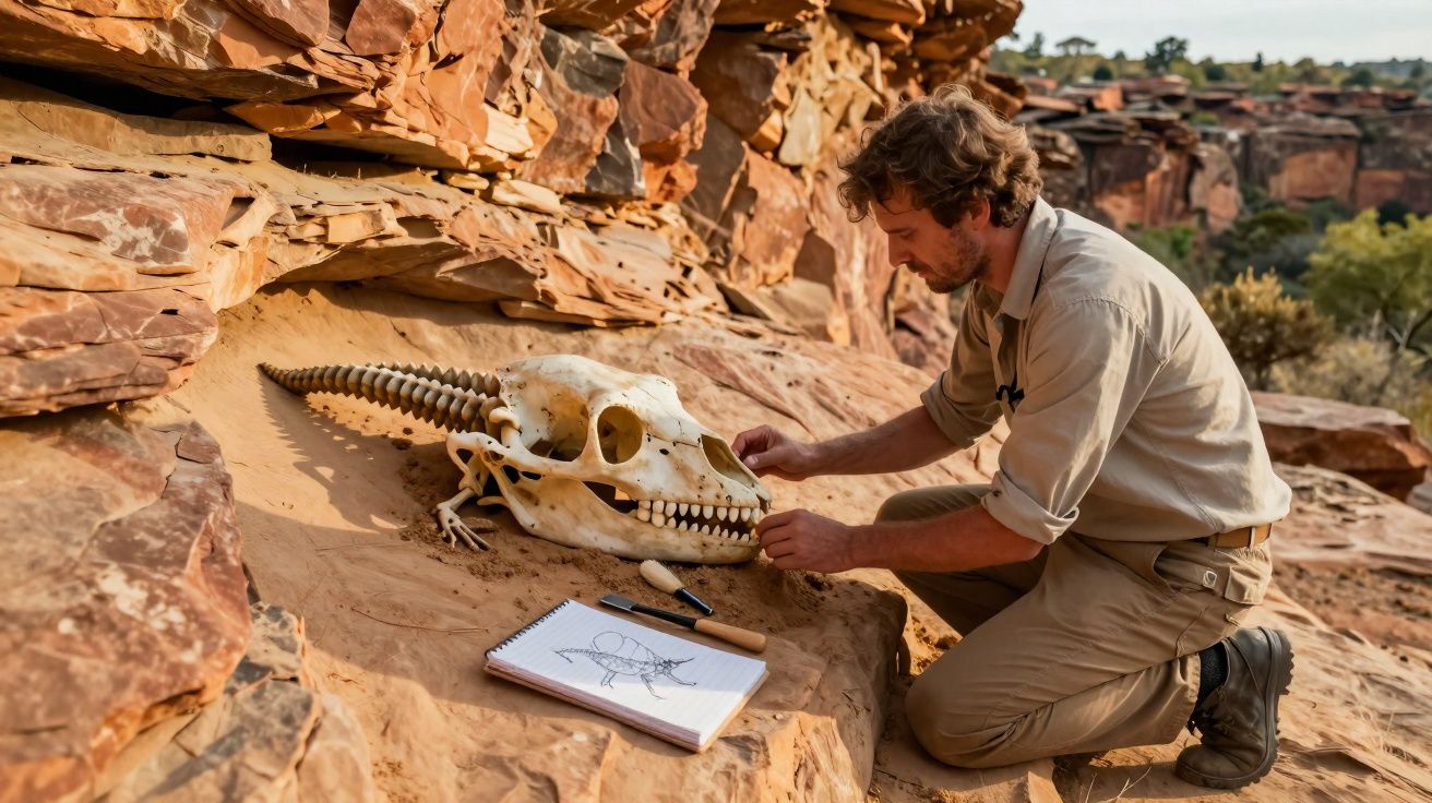 Un homme étudie un grand crâne animal fossilisé dans un paysage rocheux désertique.