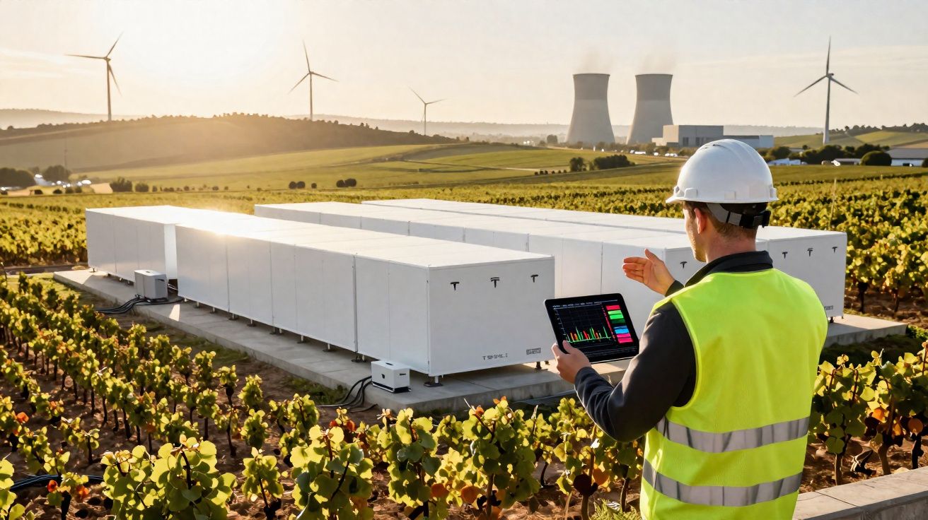 Technicien avec tablette surveillant des batteries au lithium dans un champ avec éoliennes et centrale nucléaire en arrière-p