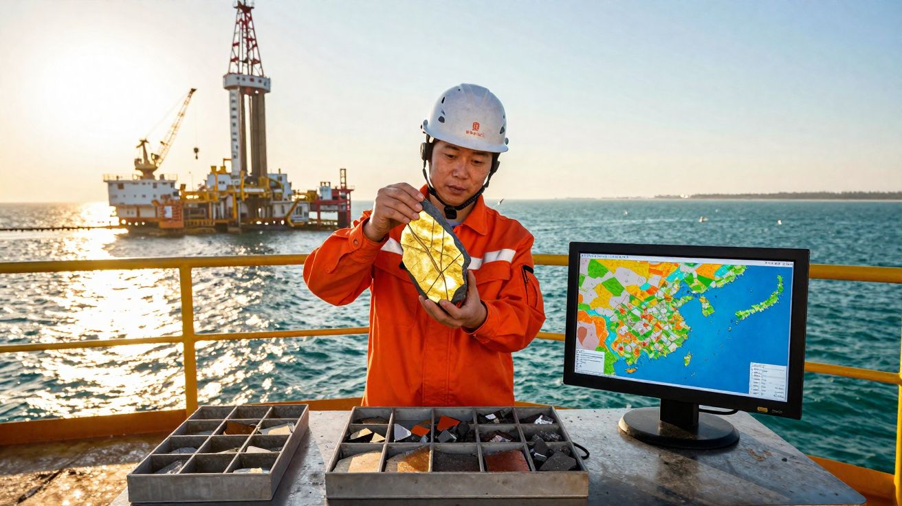 Homme en tenue de travail et casque tient un échantillon minier sur une plateforme pétrolière en mer au coucher du soleil.