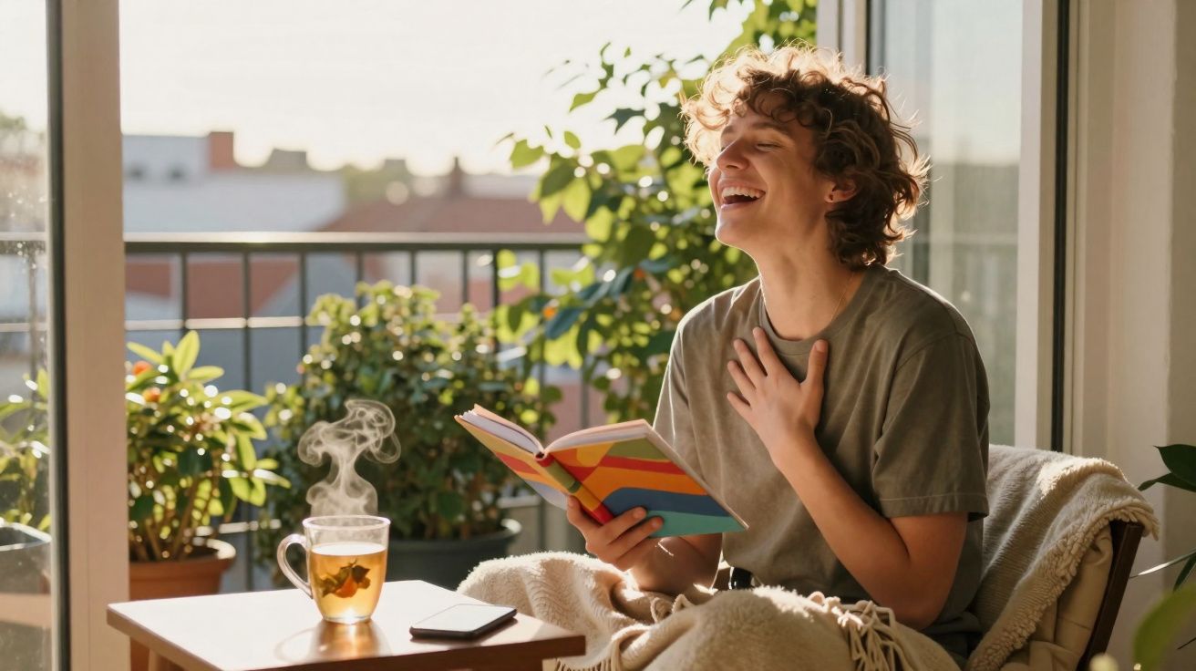 Jeune femme souriante lisant un livre sur un balcon ensoleillé, avec une tasse de thé fumant proche d'elle.