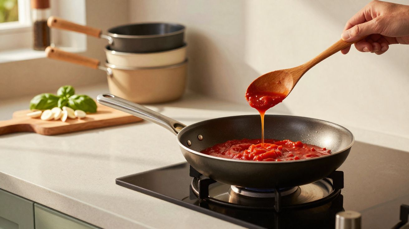 Une main verse une sauce tomate d’une cuillère en bois dans une poêle sur une plaque de cuisson.