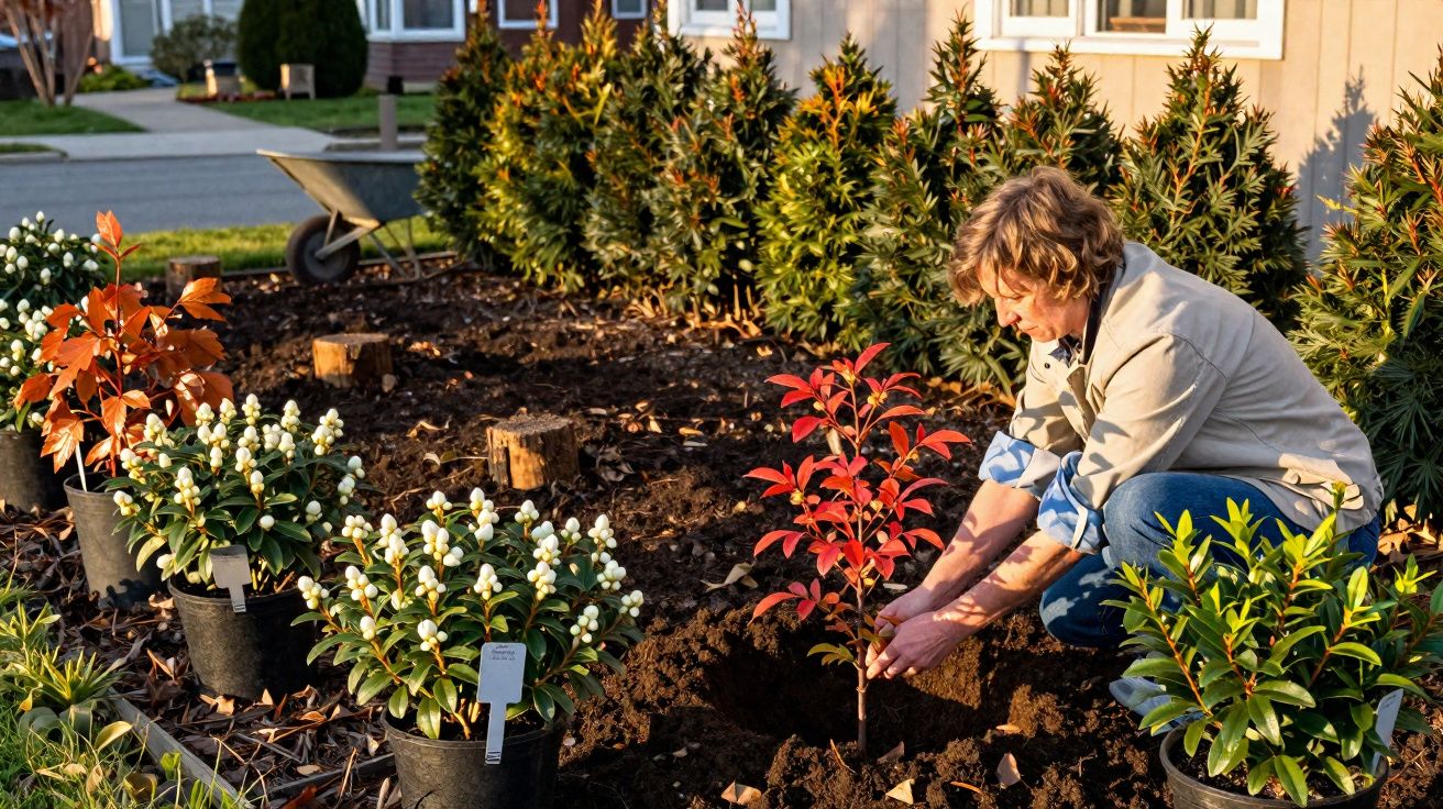 Femme plantant un arbuste rouge dans un jardin entouré de pots de fleurs blanches et vertes en plein soleil.