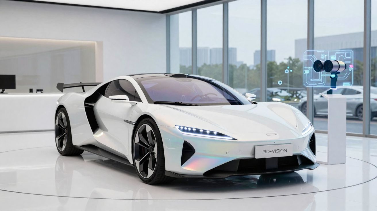 Voiture sportive blanche futuriste exposée dans un showroom lumineux avec un écran holographique à côté.