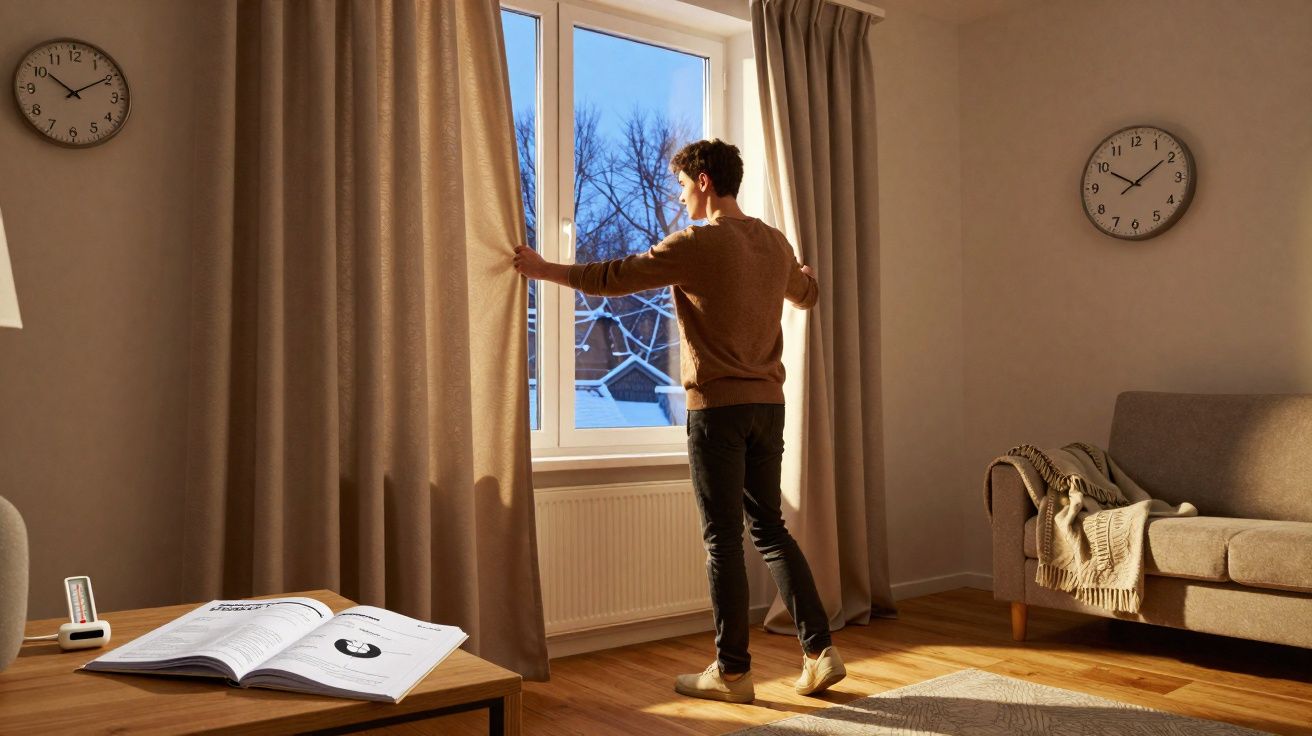 Un homme ouvre les rideaux d'une fenêtre dans un salon lumineux en fin d'après-midi.