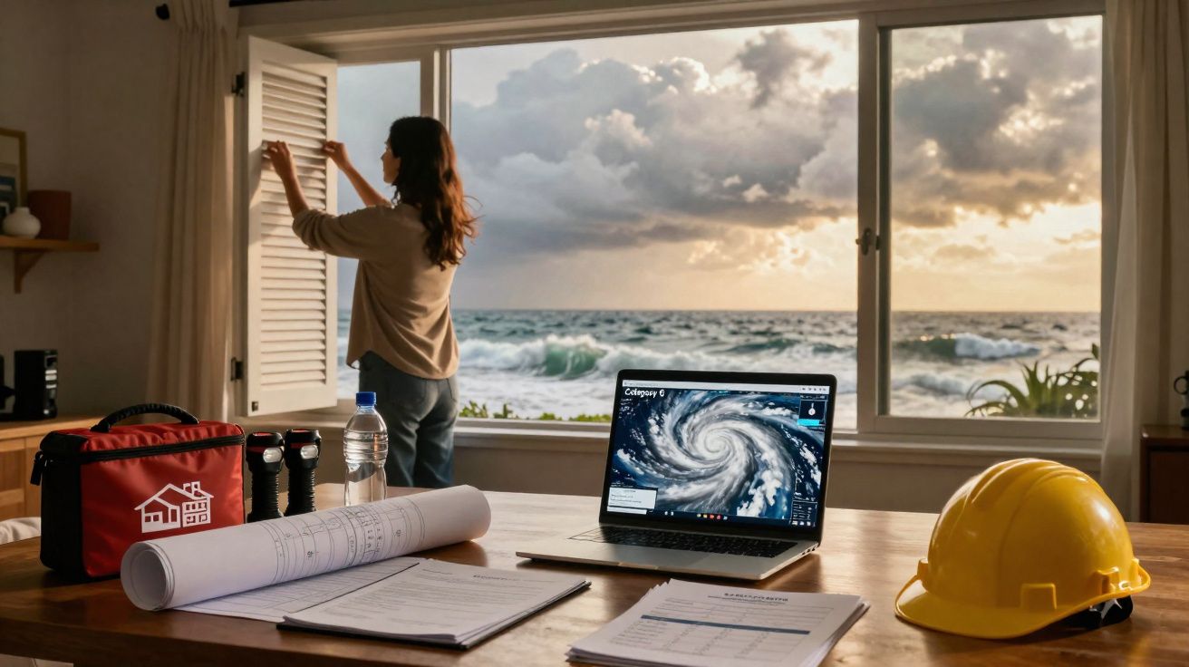 Femme ferme volets, bureau avec plan, casque jaune, ordinateur montrant un ouragan, vue sur mer agitée.