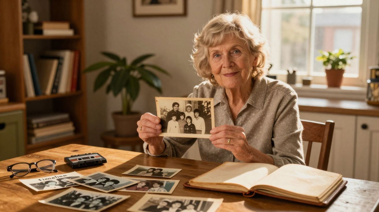 Femme âgée souriante tenant une vieille photo de famille, entourée de photos et d’un album ouvert sur une table en bois.