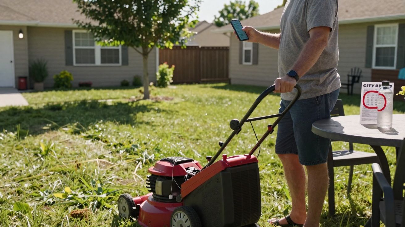 Homme en short poussant une tondeuse à gazon tout en regardant son téléphone dans un jardin ensoleillé.