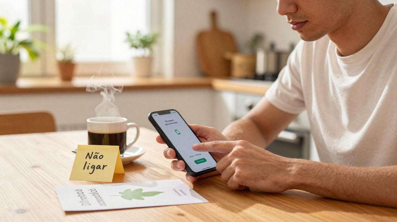 Homme utilisant un smartphone à table avec une tasse de café fumante et un post-it "Não ligar".