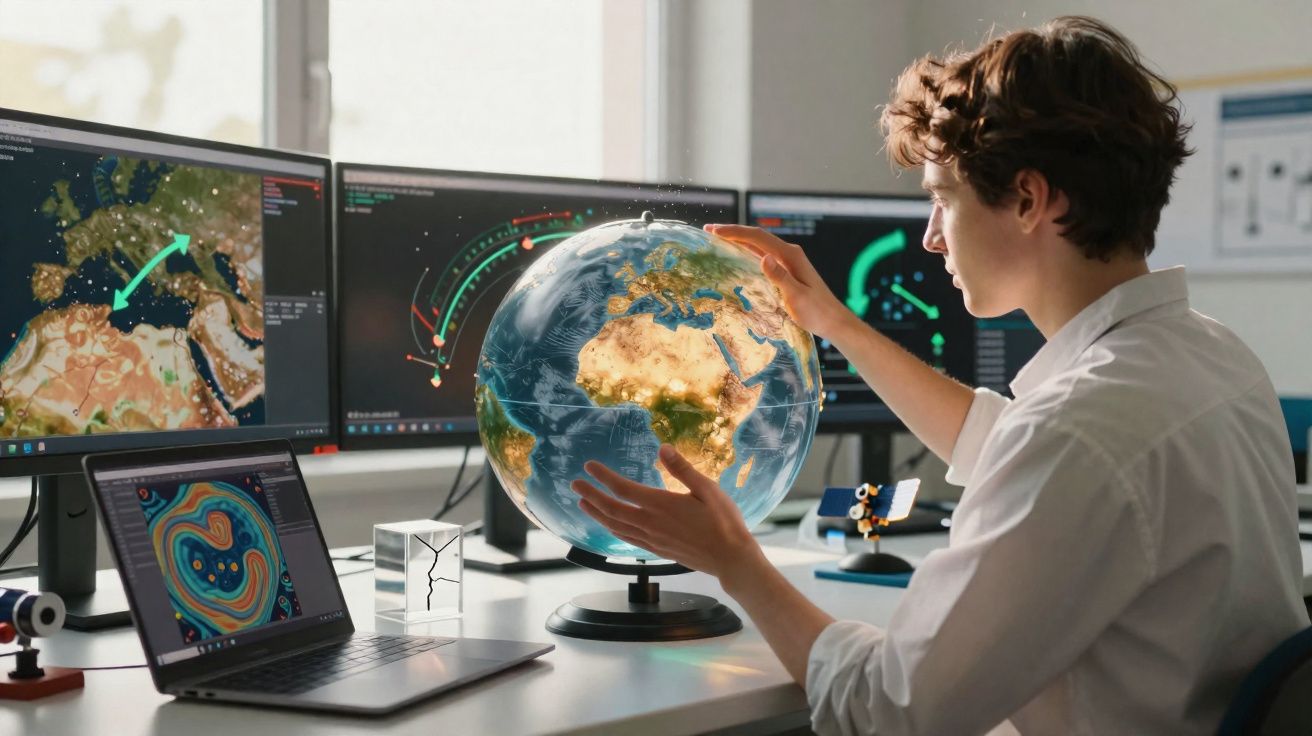 Jeune scientifique analysant un globe terrestre devant plusieurs écrans d'ordinateur avec données géographiques.