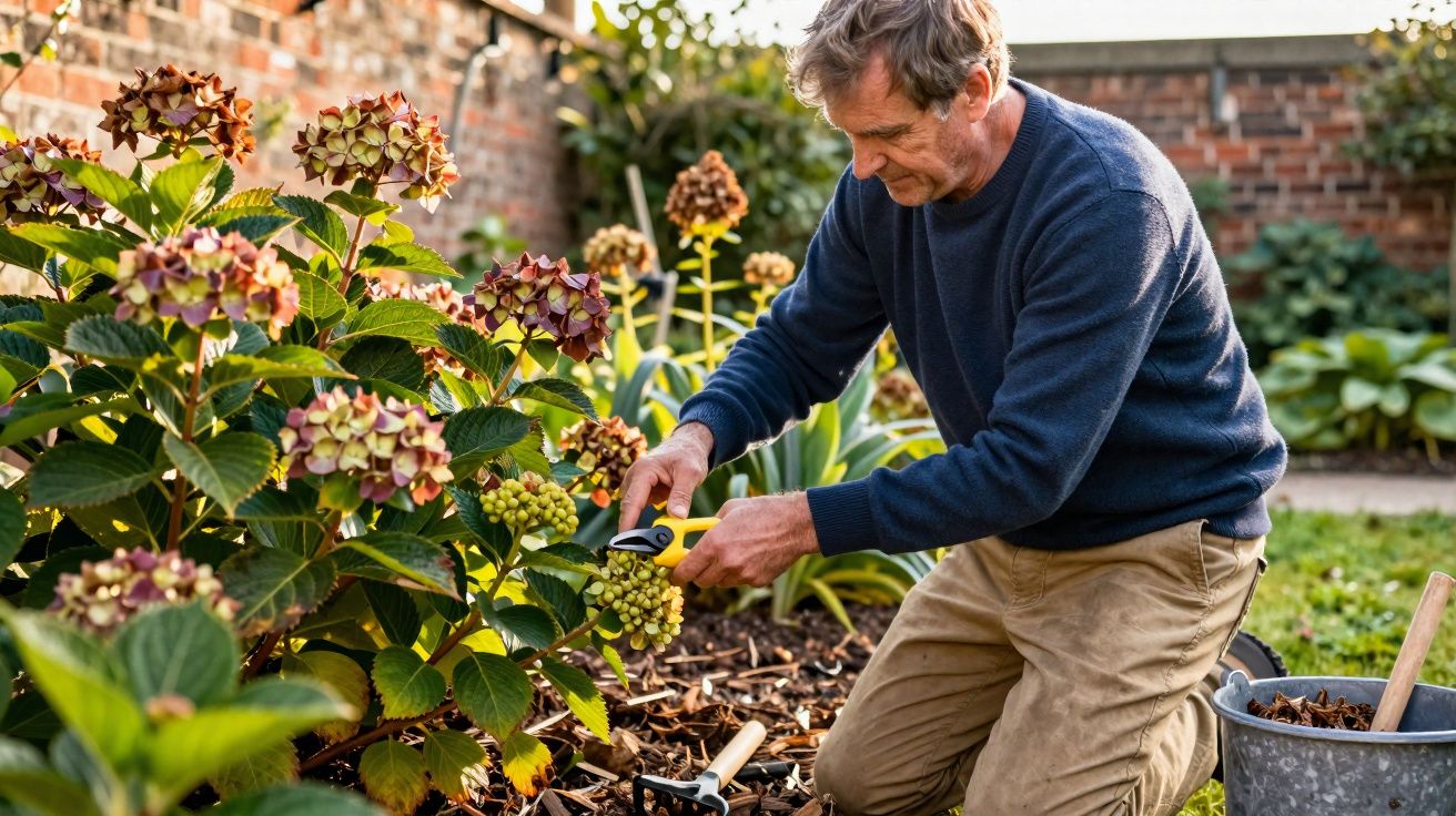Homme jardinier tailleur coupant des fleurs fanées dans un jardin ensoleillé avec outils près de lui.