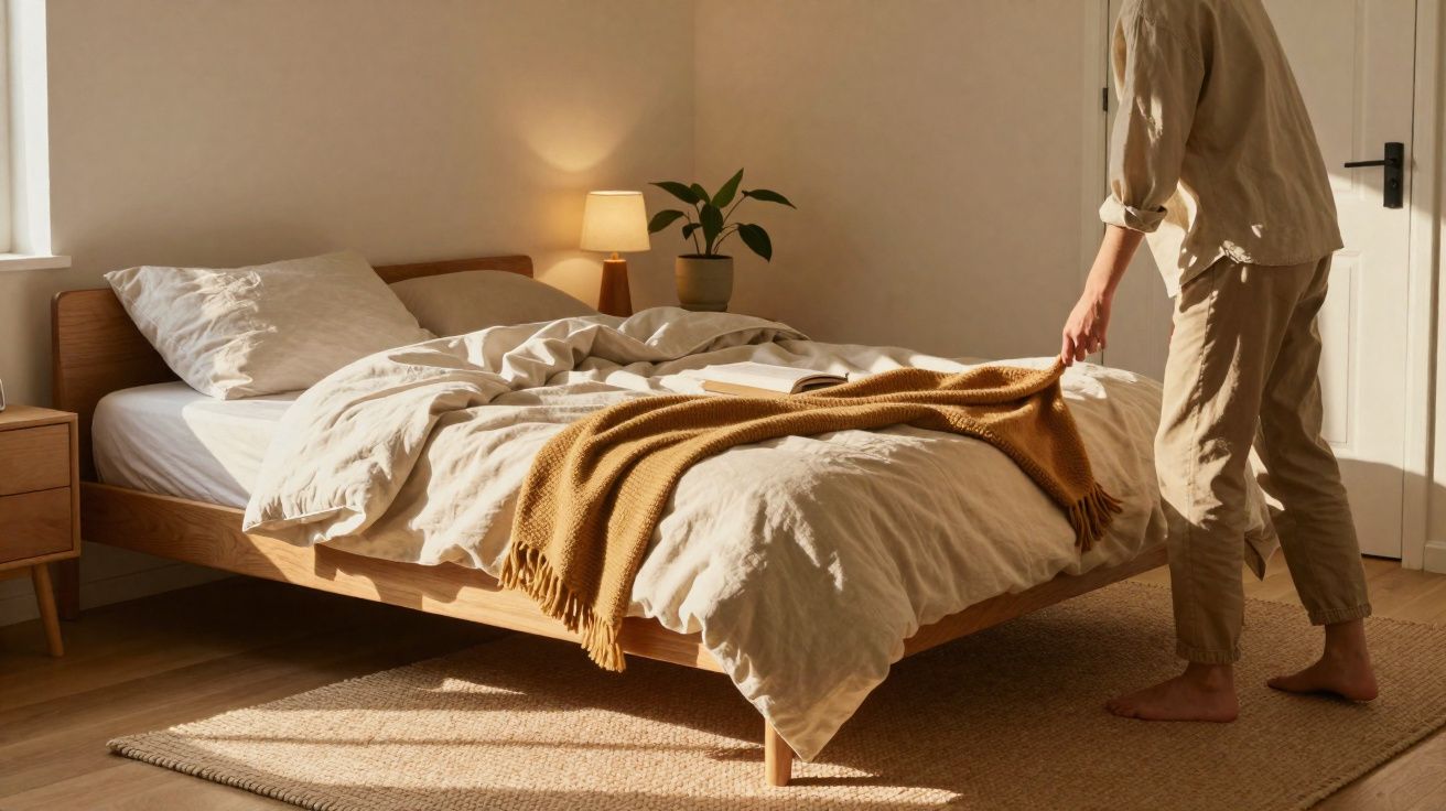 Personne rangeant un plaid ocre sur un lit avec des draps beiges dans une chambre lumineuse et minimaliste.
