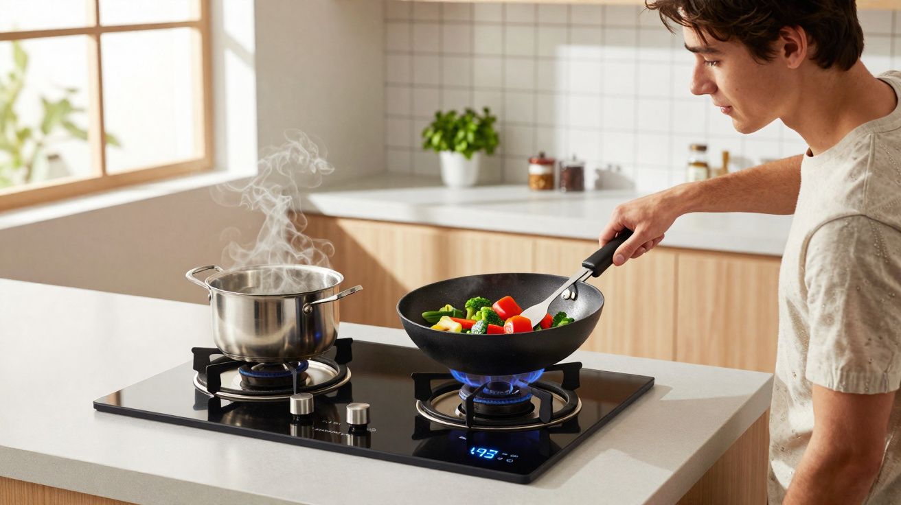 Jeune homme cuisinant des légumes dans une poêle sur une plaque de cuisson à gaz dans une cuisine moderne.