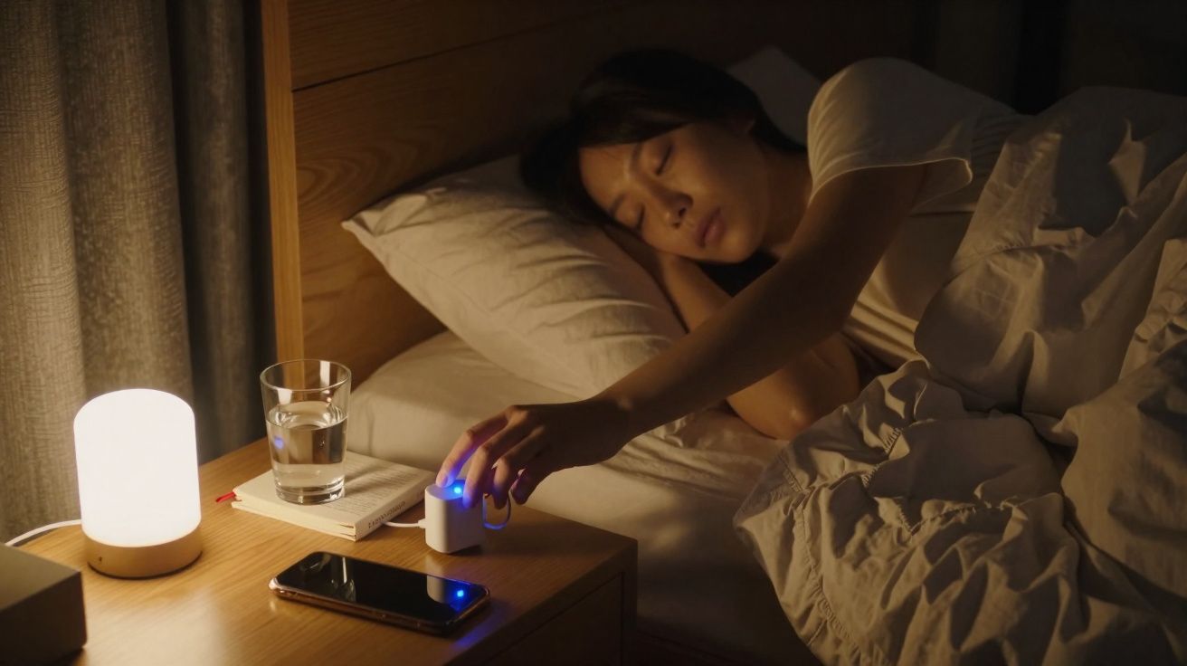 Personne endormie dans un lit touchant un chargeur avec témoin lumineux bleu sur une table de nuit.