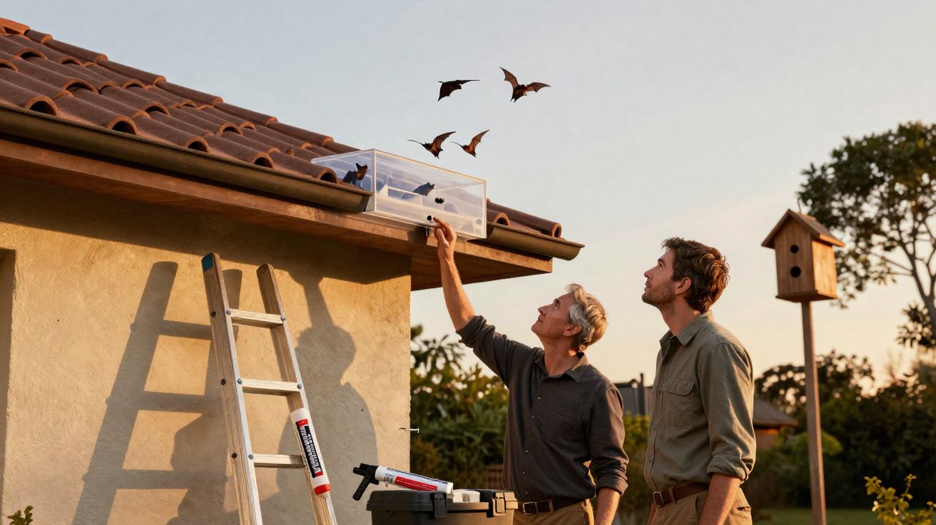 Deux hommes libèrent des chauves-souris dans la nature au coucher du soleil près d’une maison.