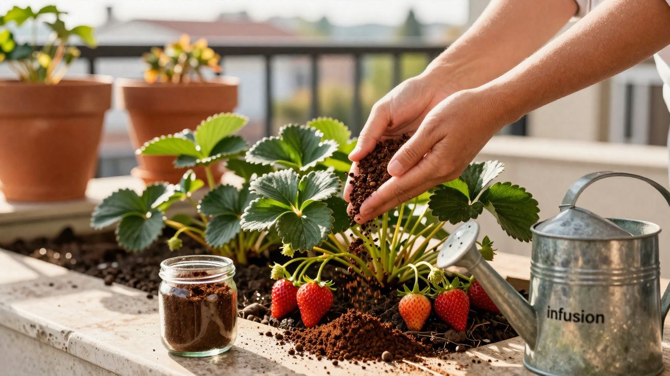 Mains ajoutant du terreau aux plants de fraises sur un balcon, avec un arrosoir en métal à côté.