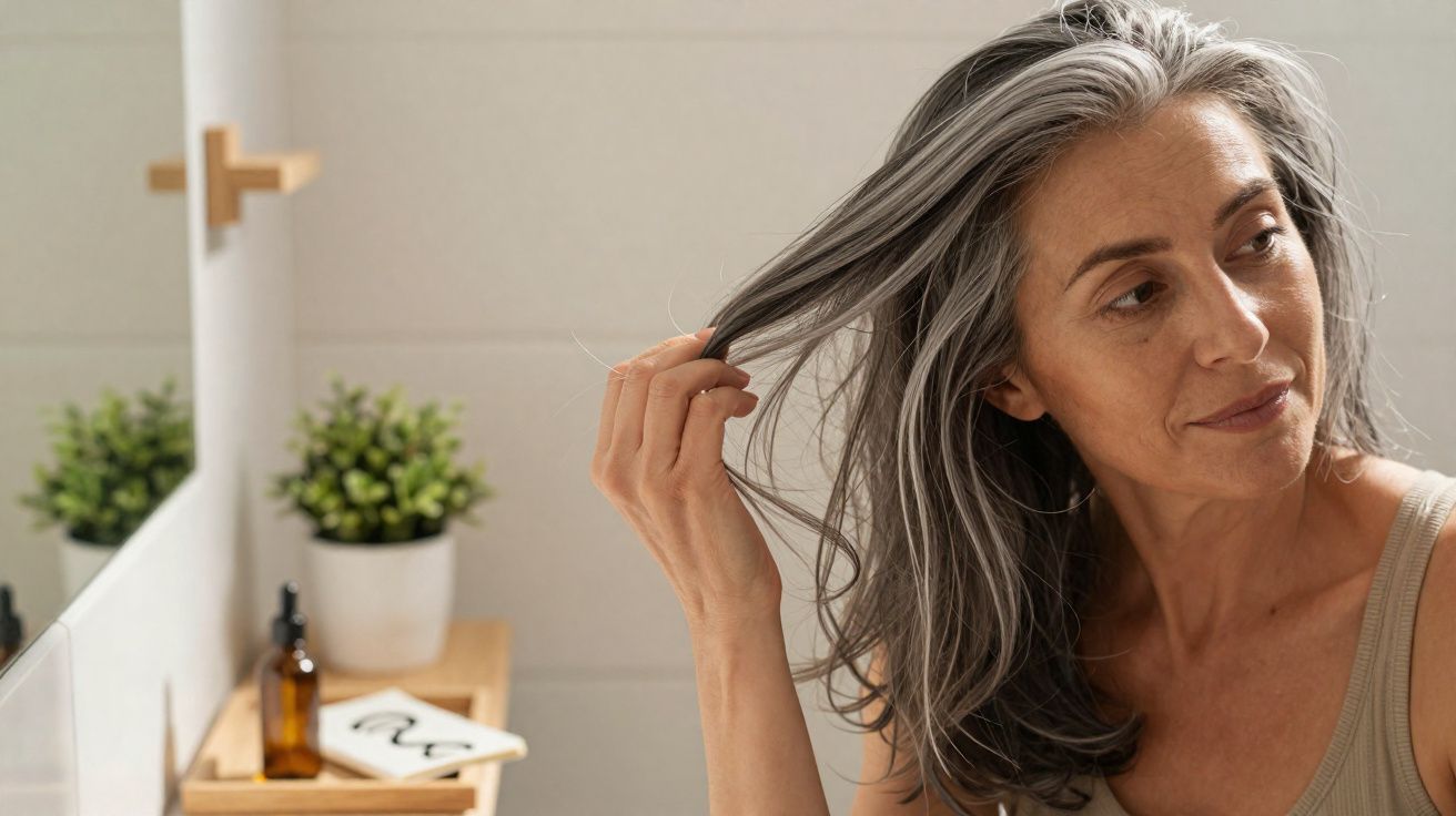 Femme aux cheveux gris regardant dans un miroir, touchant ses cheveux dans une salle de bain lumineuse.
