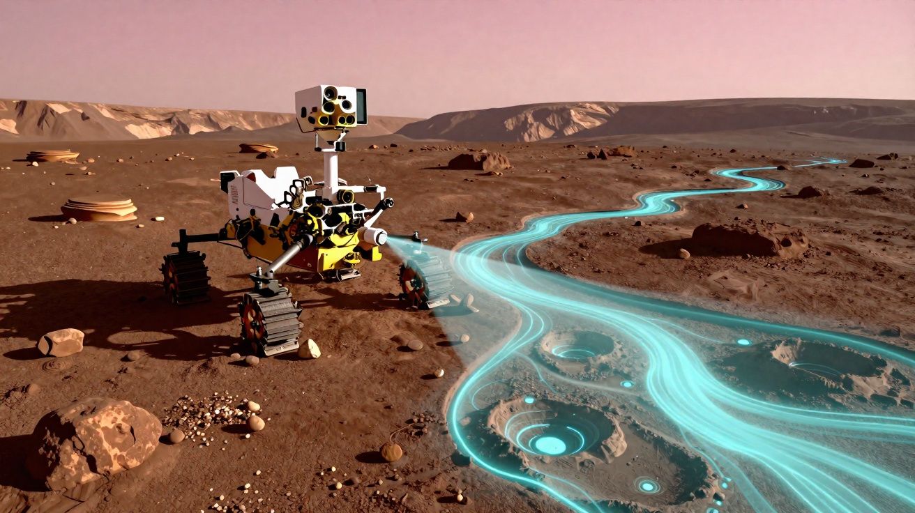 Robot explorant la surface martienne avec visualisation futuriste d'un cours d'eau lumineux.