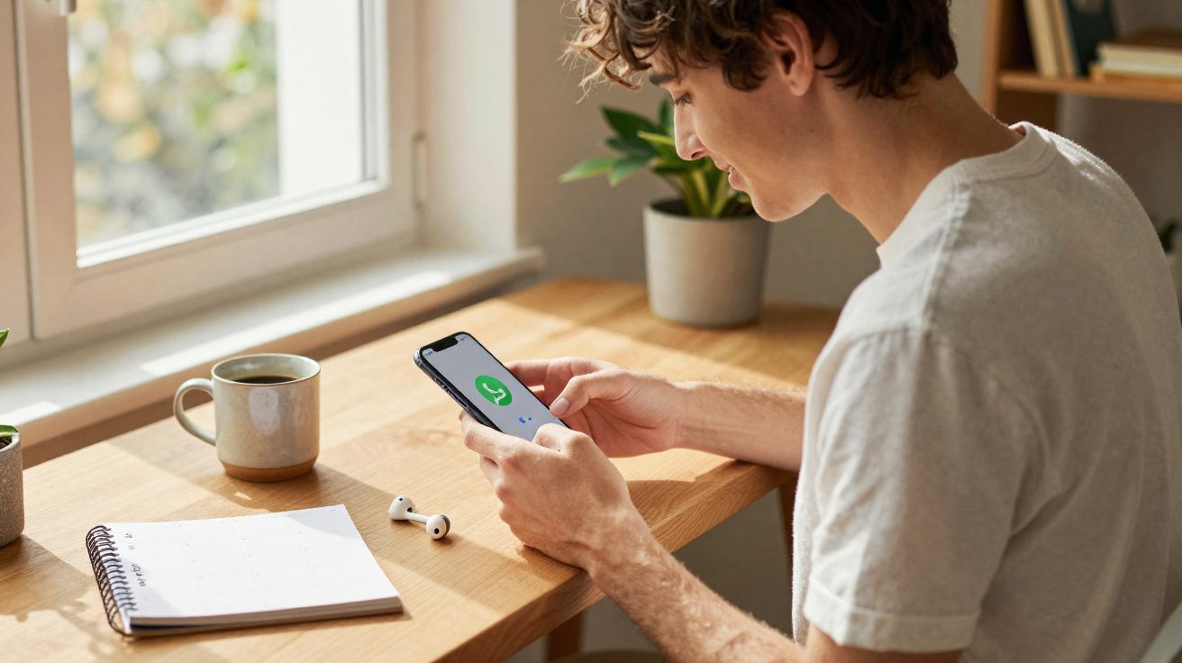 Jeune homme souriant utilisant un smartphone avec l'application WhatsApp visible, assis à une table près d'une fenêtre.
