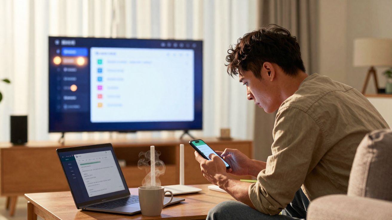 Jeune homme assis au salon utilise un smartphone avec un ordinateur portable et une tasse fumante sur la table.