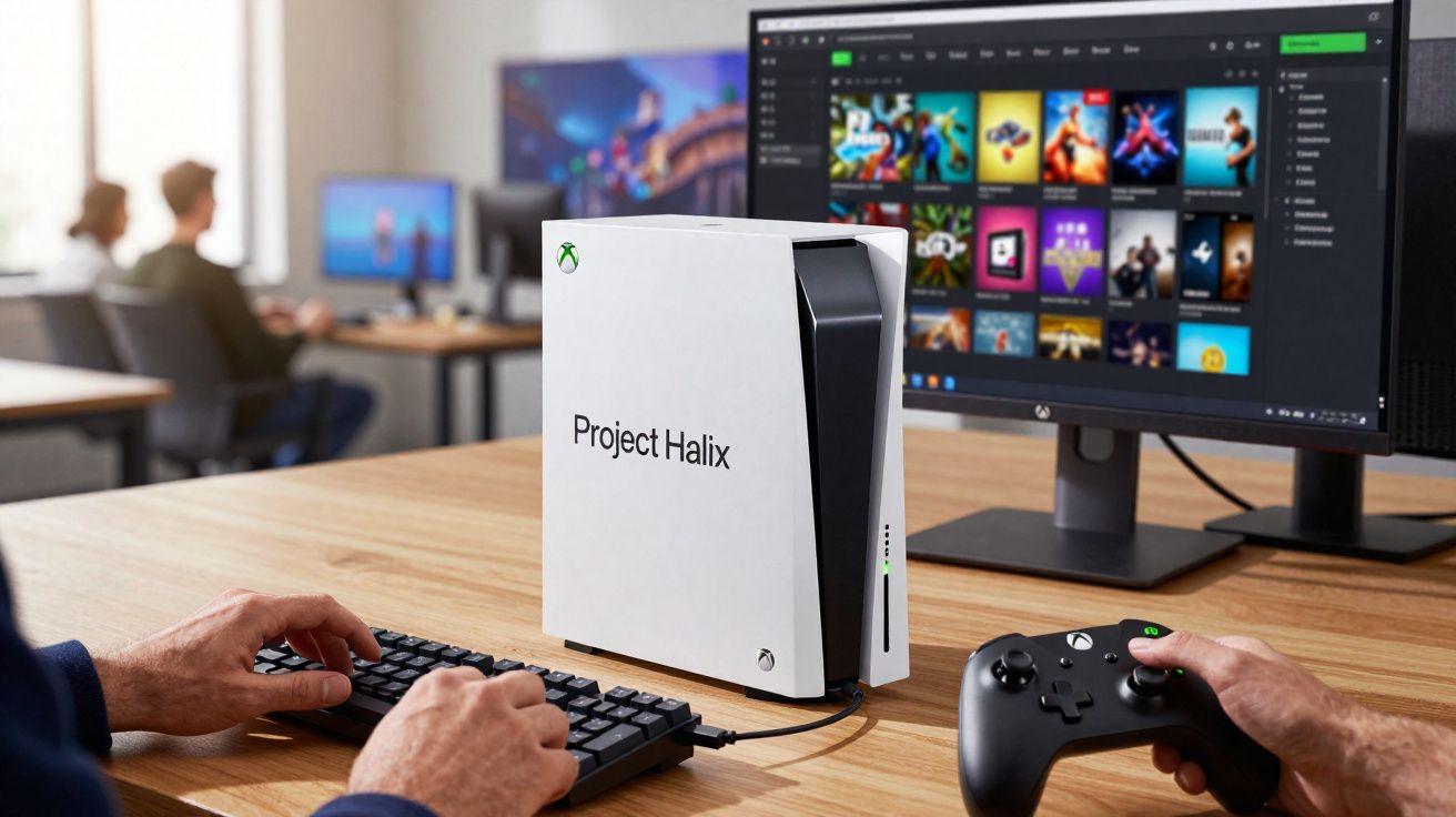 Console Xbox Project Halix posée sur une table avec un écran affichant une interface de jeux vidéo.