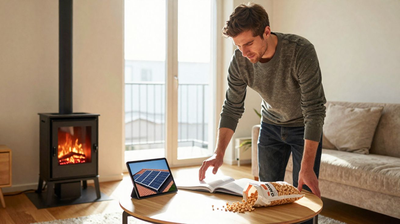 Homme debout à une table ronde avec tablette, livre ouvert, sachet de céréales renversé près d'un poêle allumé.