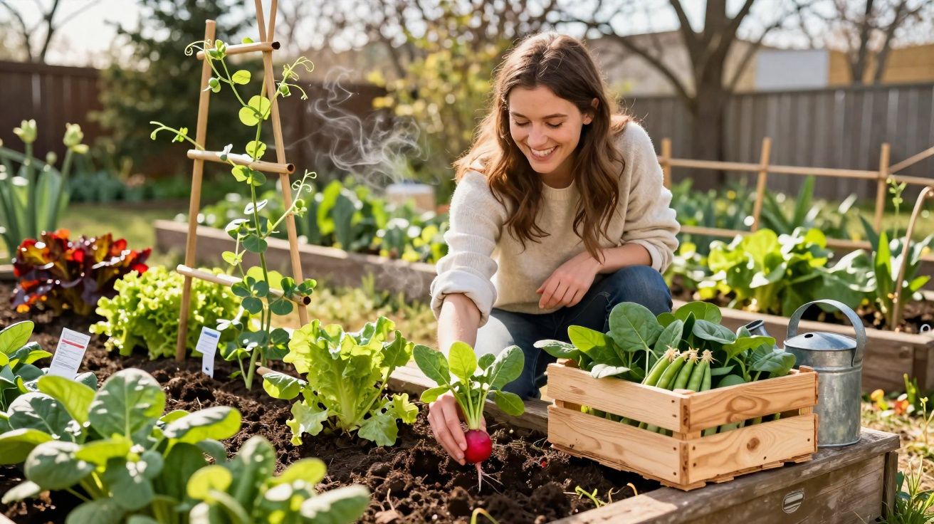 Jeune femme souriante récoltant un radis dans un potager ensoleillé avec légumes et arrosoir à côté.