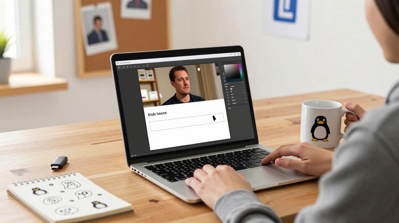 Personne travaillant sur un ordinateur portable avec une tasse et un carnet décorés de pingouins sur une table en bois.