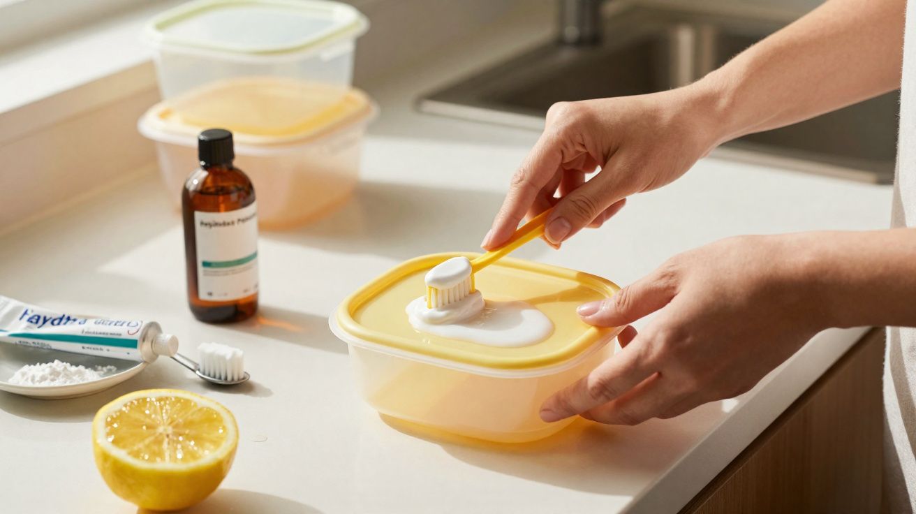 Mains tenant une brosse à dents chargée de pâte blanche au-dessus d'une boîte plastique jaune sur un plan de travail.