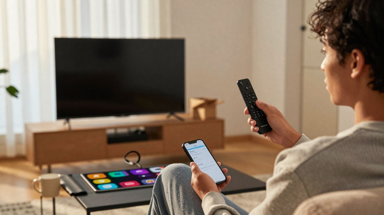 Personne assise dans un salon, tenant une télécommande et un smartphone devant une télévision éteinte.