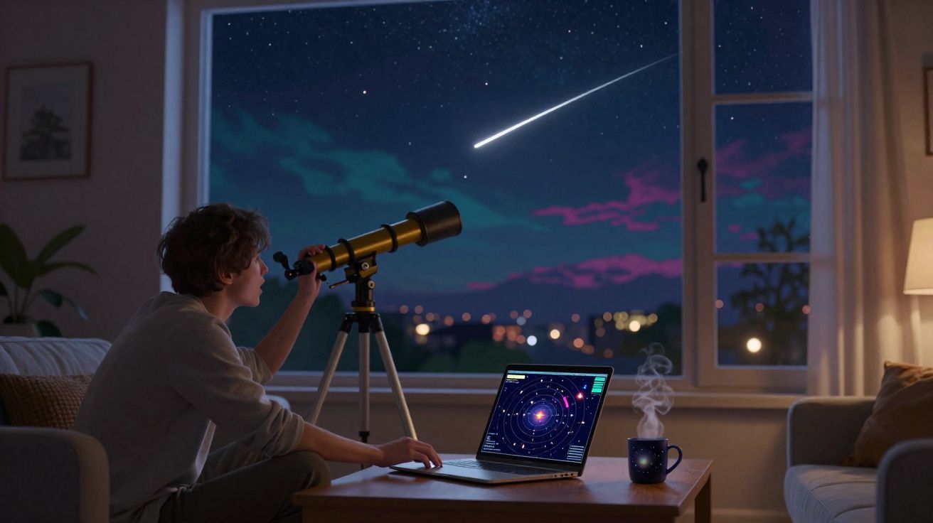 Personne observant une étoile filante avec un télescope près d'une fenêtre la nuit, ordinateur allumé devant.