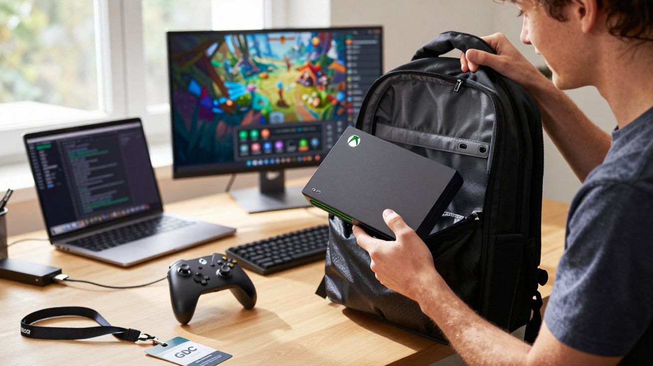 Homme plaçant une console Xbox Series S dans un sac à dos devant un bureau avec un ordinateur portable et un écran.