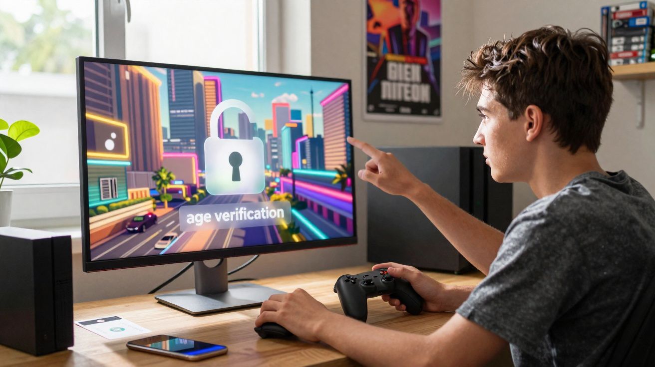 Jeune homme jouant à un jeu vidéo sur ordinateur avec un écran affichant une vérification d'âge sécurisée.