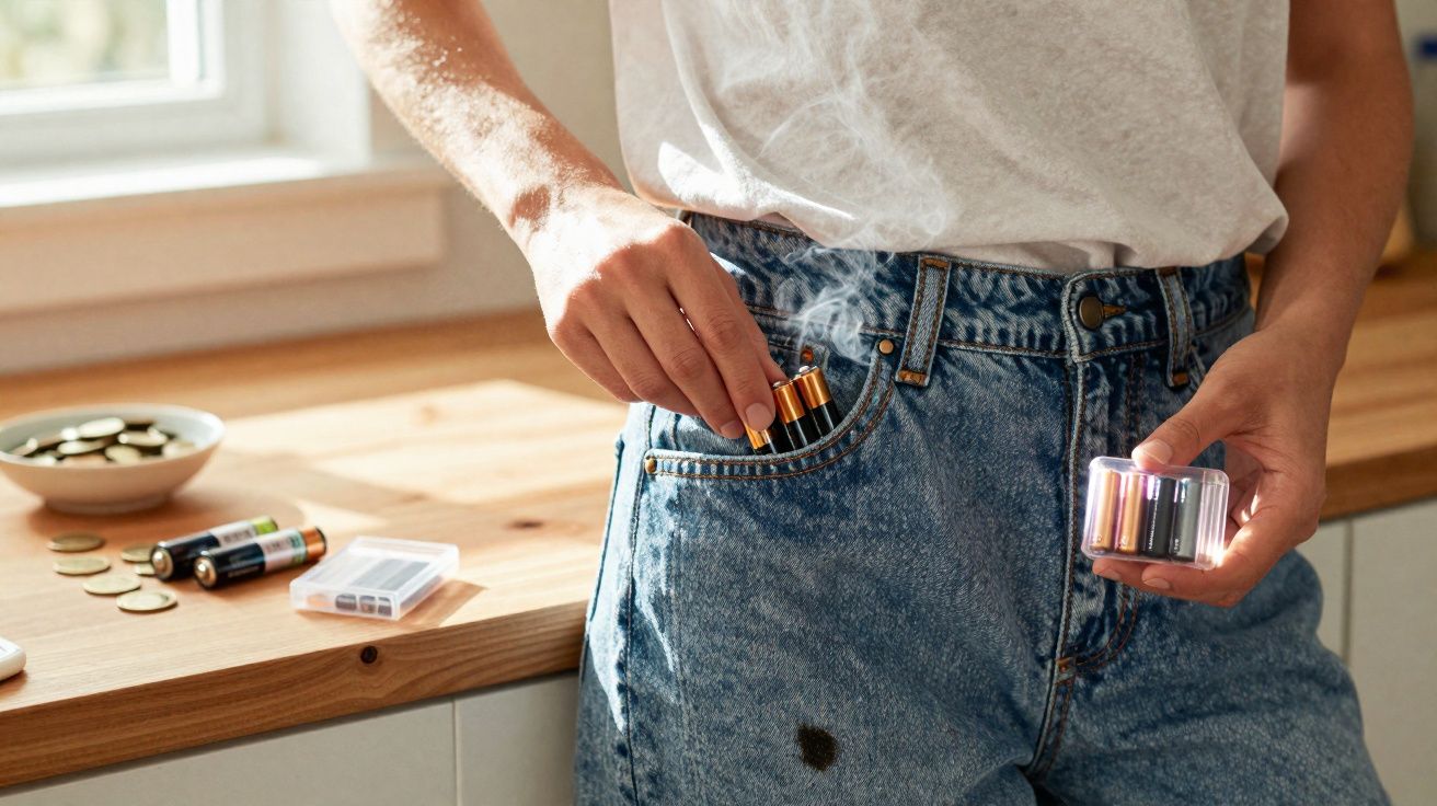 Personne rangeant des piles chaudes fumantes dans la poche d'un jean avec une tache noire visible.