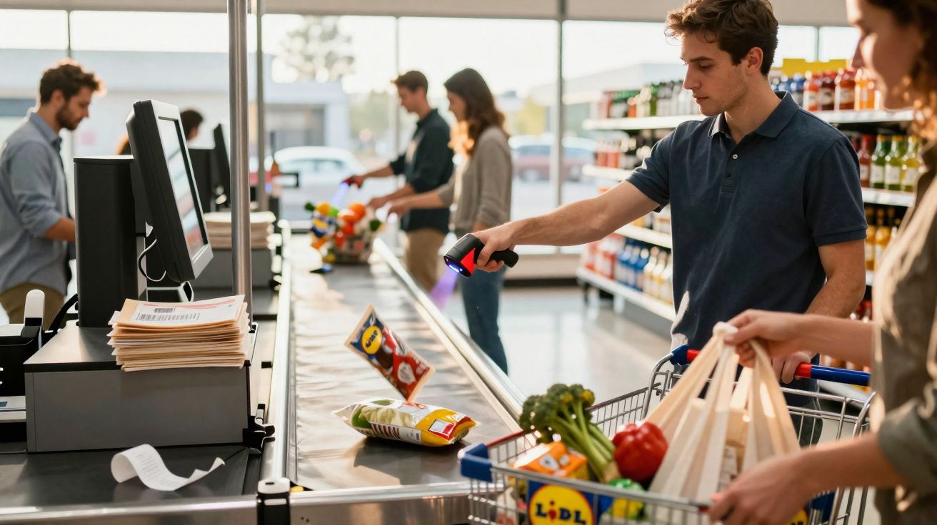 Client scannant des produits au passage en caisse d'un supermarché avec un caddie rempli de courses.